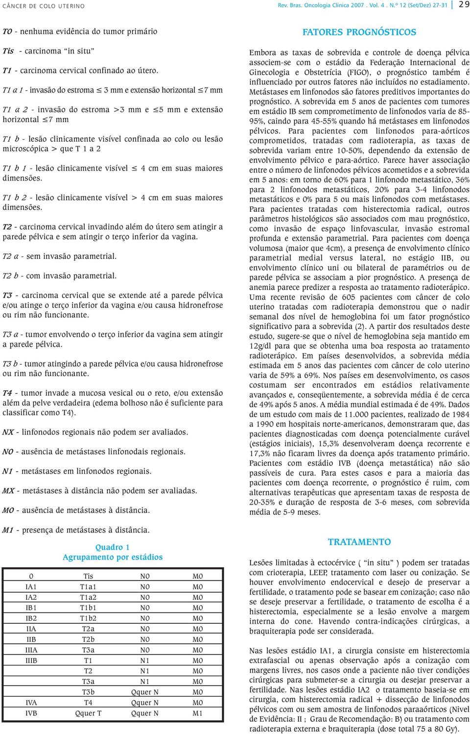 microscópica > que T 1 a 2 T1 b 1 - lesão clinicamente visível 4 cm em suas maiores T1 b 2 - lesão clinicamente visível > 4 cm em suas maiores T2 - carcinoma cervical invadindo além do útero sem