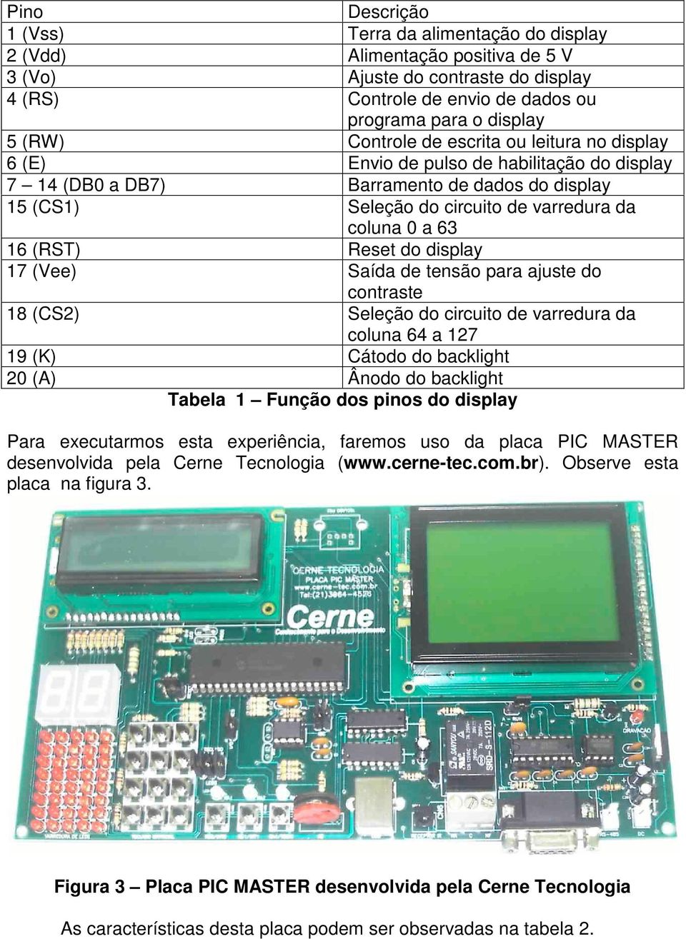 (RST) Reset do display 17 (Vee) Saída de tensão para ajuste do contraste 18 (CS2) Seleção do circuito de varredura da coluna 64 a 127 19 (K) Cátodo do backlight 20 (A) Ânodo do backlight Tabela 1