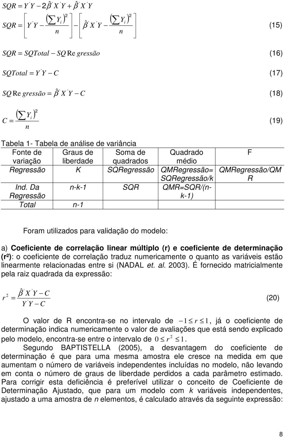 Da -- SQR QRSQR/(-) Regressão Total - F QRegressão/Q R Foram utlzados para valdação do modelo: a) Coefcete de correlação lear múltplo (r) e coefcete de determação (r²): o coefcete de correlação