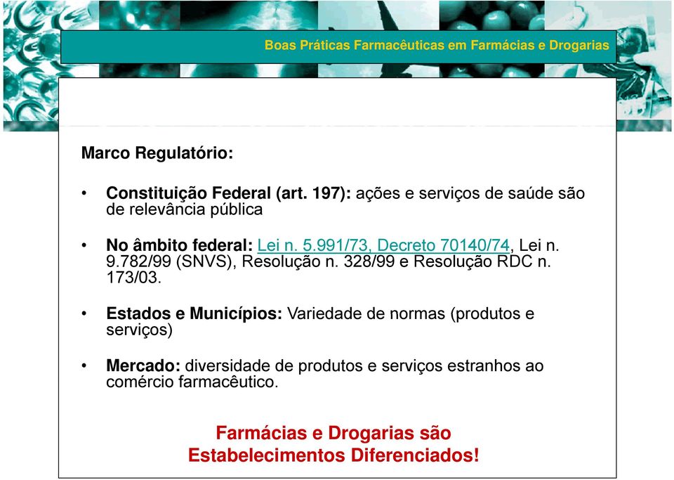 991/73, Decreto 70140/74, Lei n. 9.782/99 (SNVS), Resolução n. 328/99 e Resolução RDC n. 173/03.