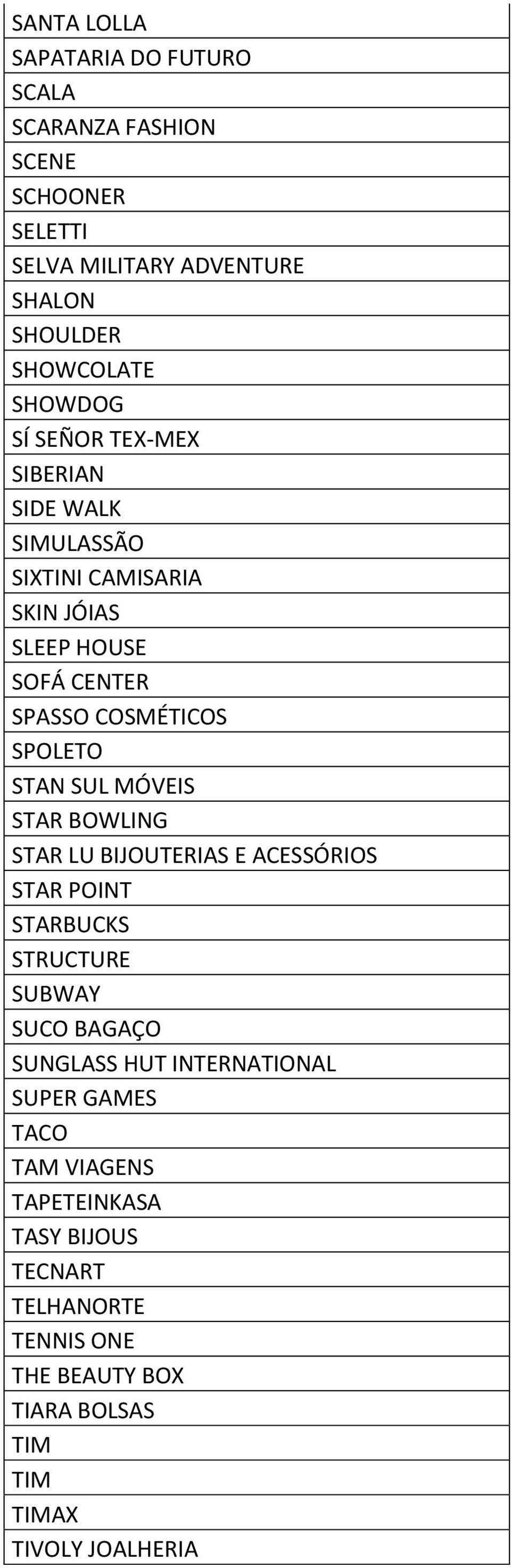 STAN SUL MÓVEIS STAR BOWLING STAR LU BIJOUTERIAS E ACESSÓRIOS STAR POINT STARBUCKS STRUCTURE SUBWAY SUCO BAGAÇO SUNGLASS HUT