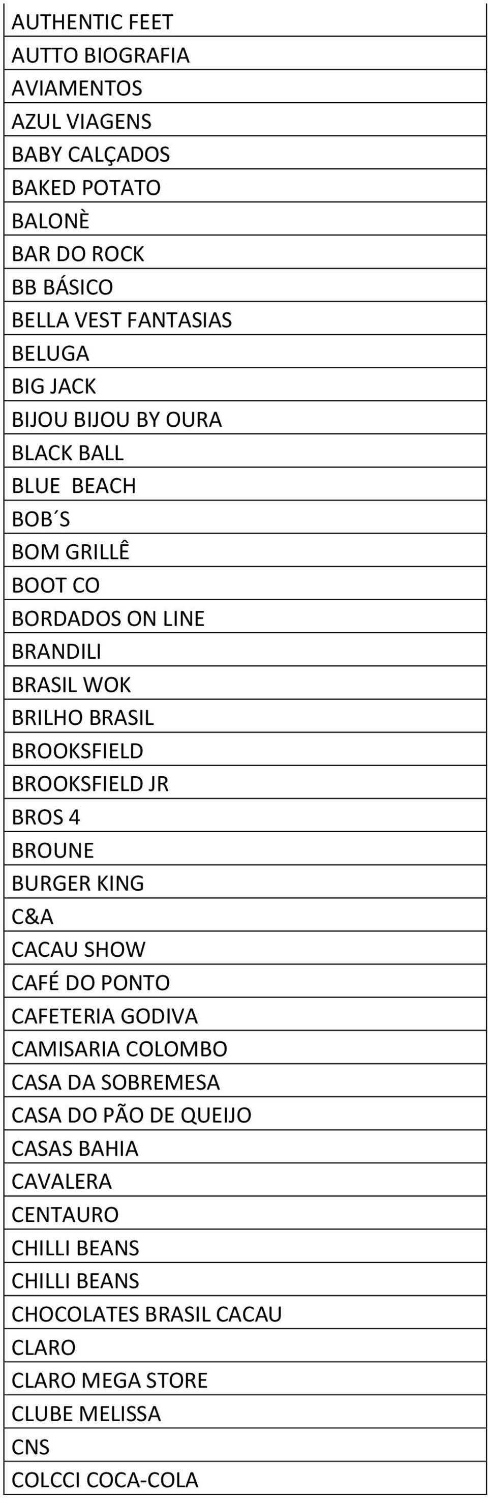 BROOKSFIELD JR BROS 4 BROUNE BURGER KING C&A CACAU SHOW CAFÉ DO PONTO CAFETERIA GODIVA CAMISARIA COLOMBO CASA DA SOBREMESA CASA DO PÃO DE