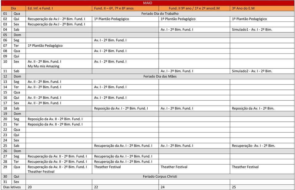 I - 2º Bim. Fund. I Simulado2 - Av. I - 2º Bim. 12 Dom Feriado Dia das Mães 13 Seg 14 Ter Av. I - 2º Bim. Fund. I 15 Qua 16 Qui Av. I - 2º Bim. Fund. I 17 Sex 18 Sab Reposição da Av. I - 2º Bim. Fund. I Av.