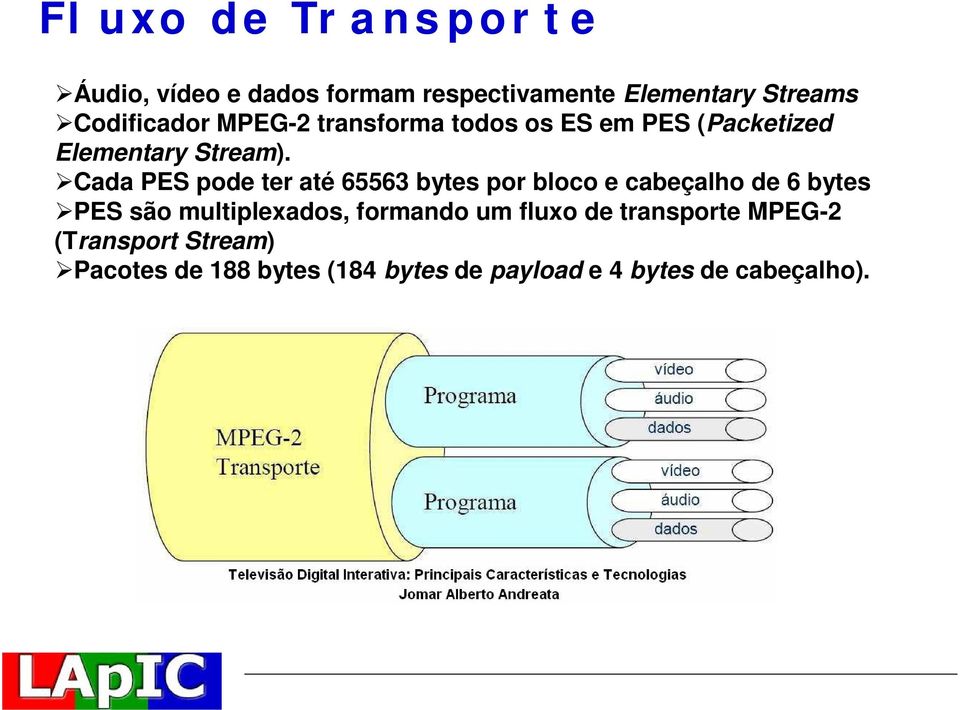 Cada PES pode ter até 65563 bytes por bloco e cabeçalho de 6 bytes PES são multiplexados,