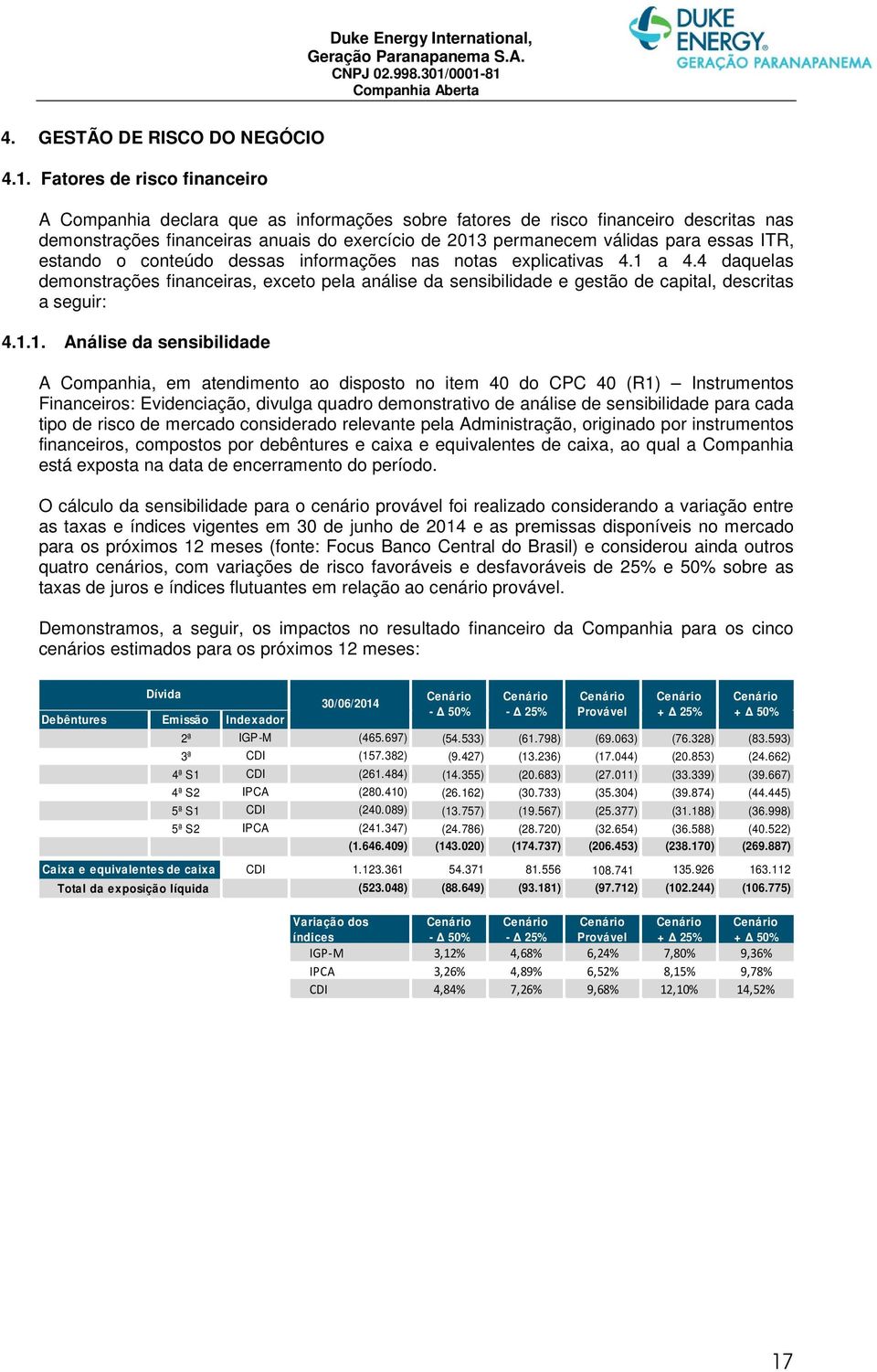 ITR, estando o conteúdo dessas informações nas notas explicativas 4.1 