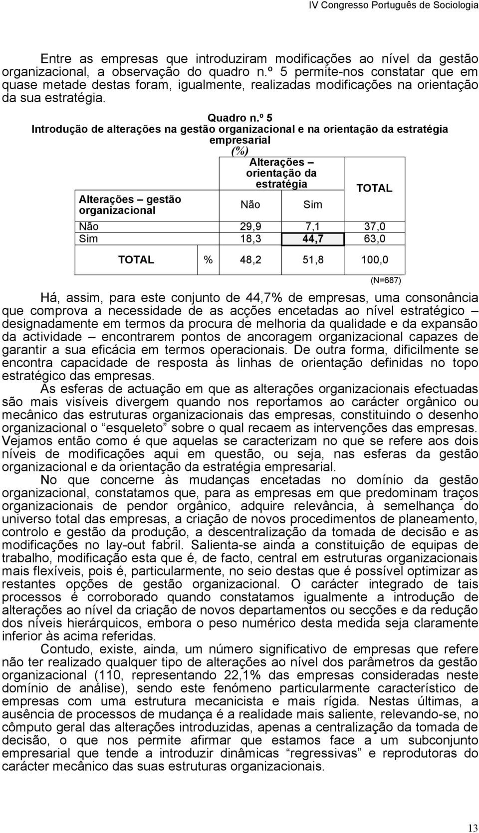 º 5 Introdução de alterações na gestão organizacional e na orientação da estratégia empresarial (%) Alterações orientação da estratégia TOTAL Alterações gestão Não Sim organizacional Não 29,9 7,1