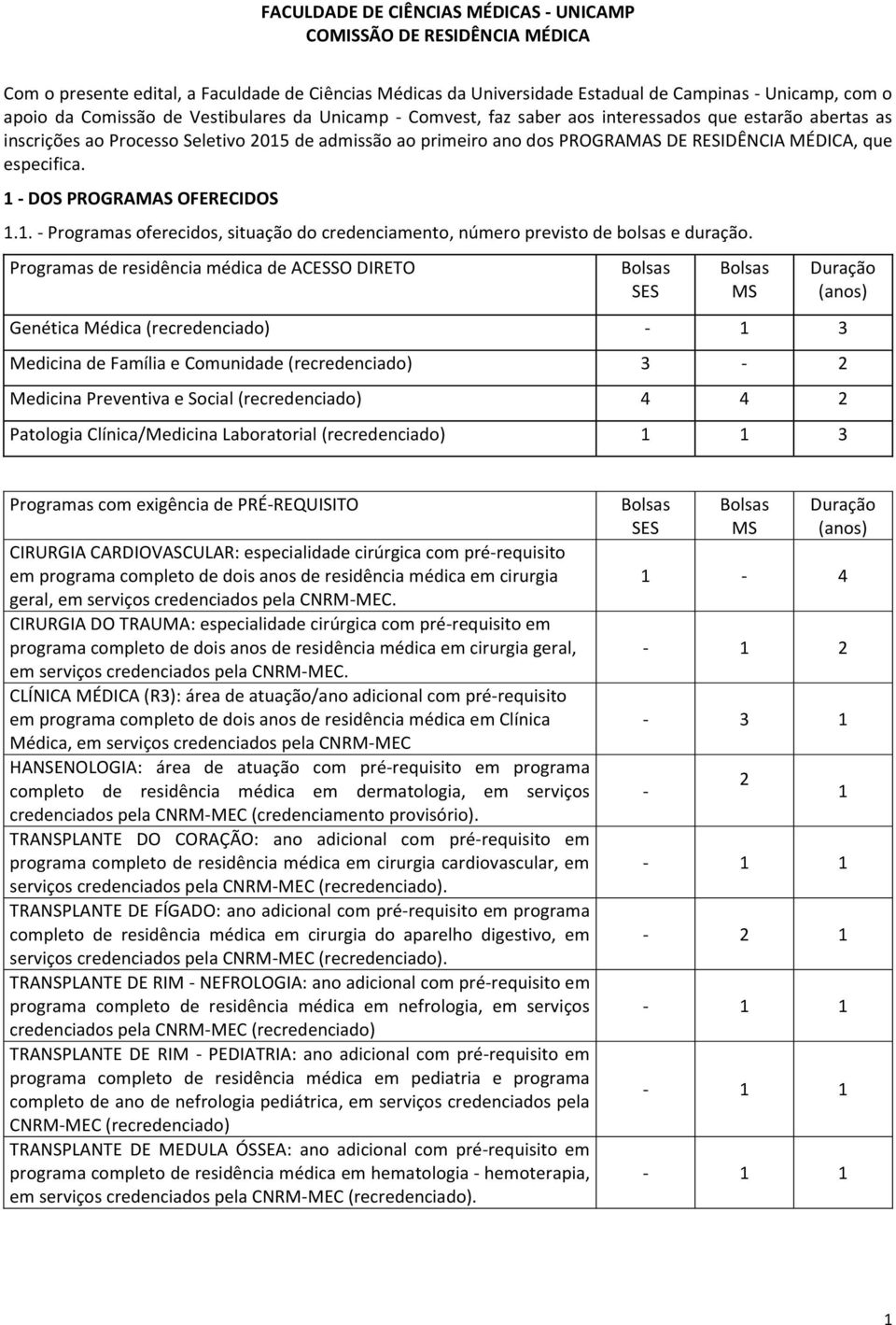 especifica. 1 - DOS PROGRAMAS OFERECIDOS 1.1. - Programas oferecidos, situação do credenciamento, número previsto de bolsas e duração.