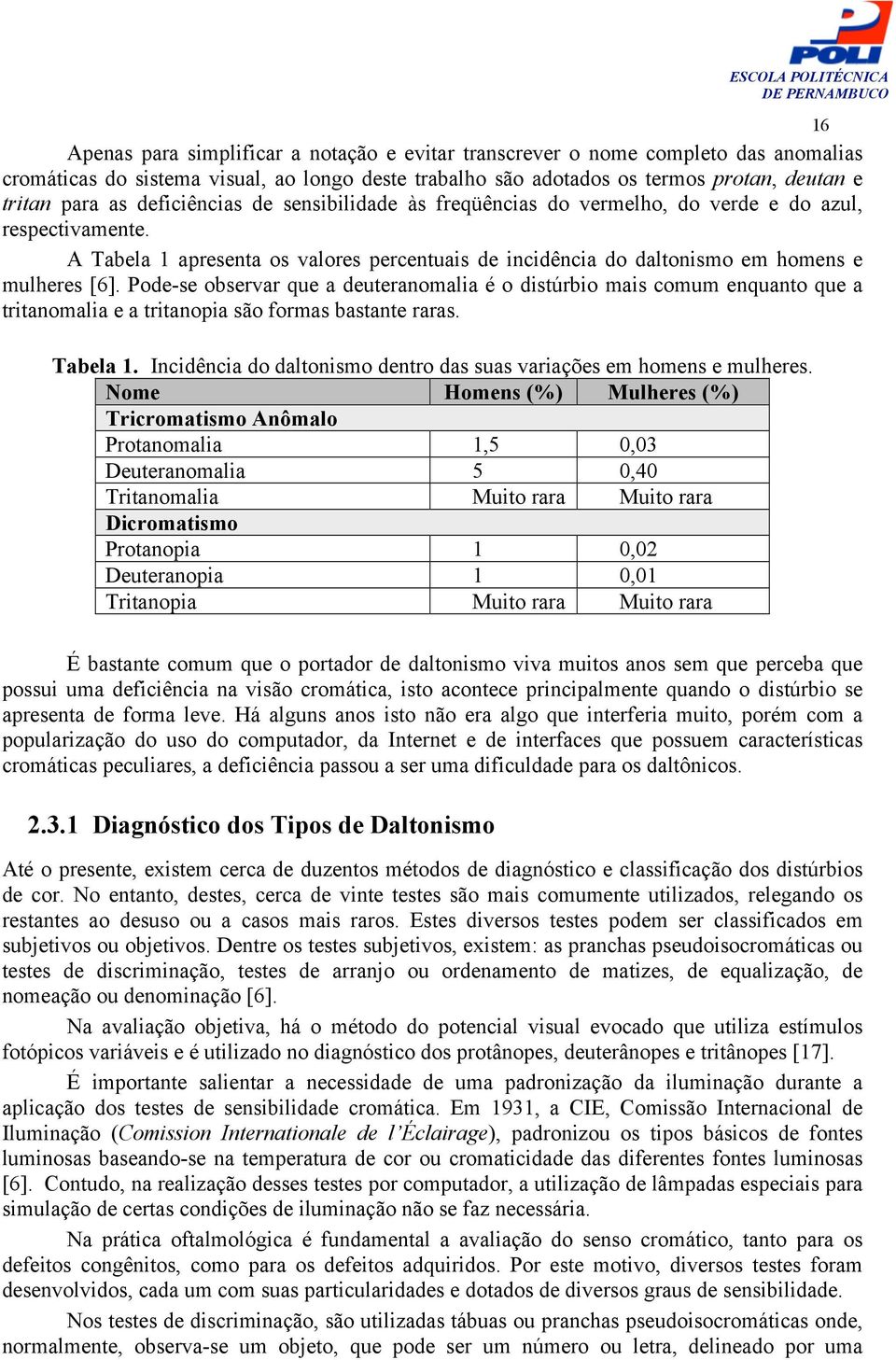 Pode-se observar que a deuteranomalia é o distúrbio mais comum enquanto que a tritanomalia e a tritanopia são formas bastante raras. Tabela 1.