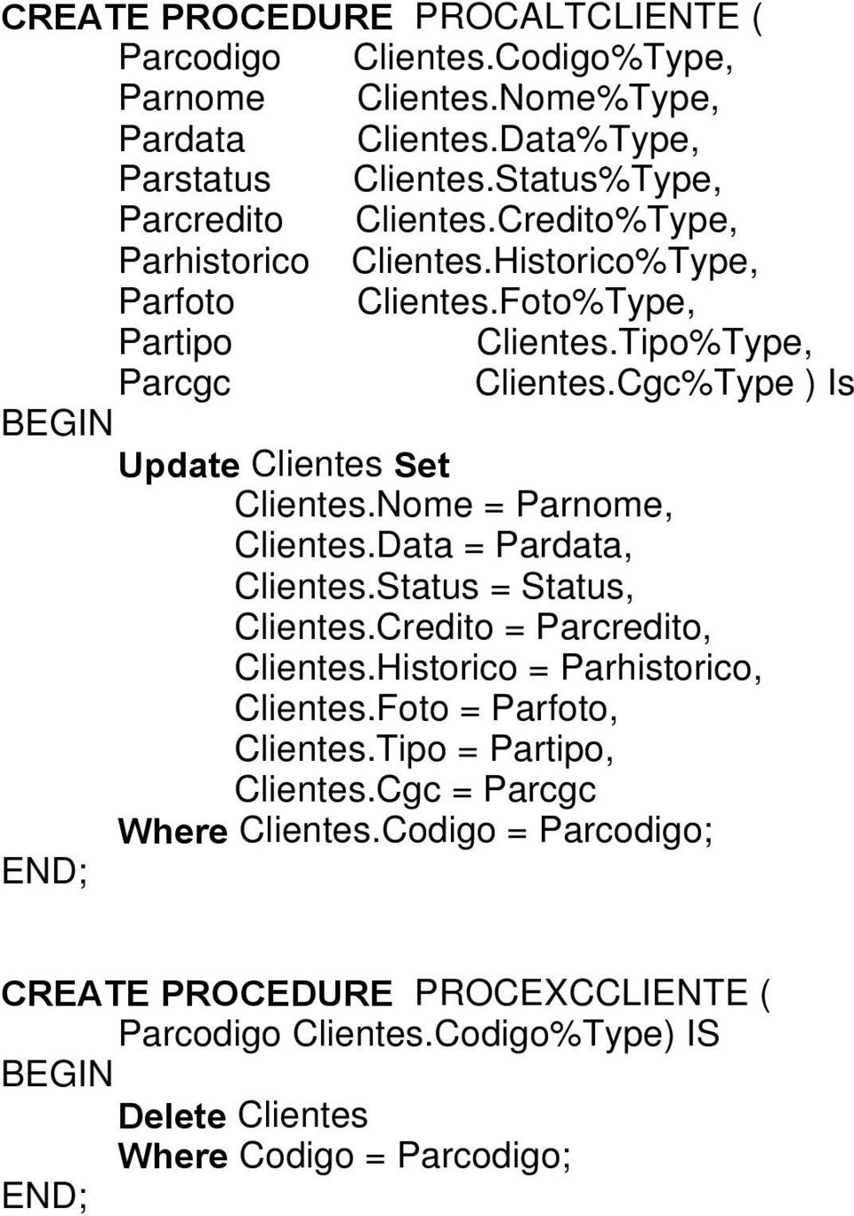 Nome = Parnome, Clientes.Data = Pardata, Clientes.Status = Status, Clientes.Credito = Parcredito, Clientes.Historico = Parhistorico, Clientes.Foto = Parfoto, Clientes.