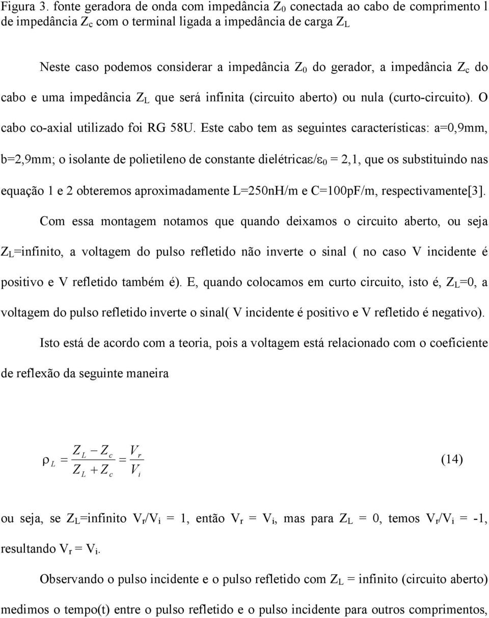 do cabo uma impdância Z L qu srá infinita (circuito abrto) ou nula (curto-circuito). O cabo co-axial utilizado foi RG 58U.