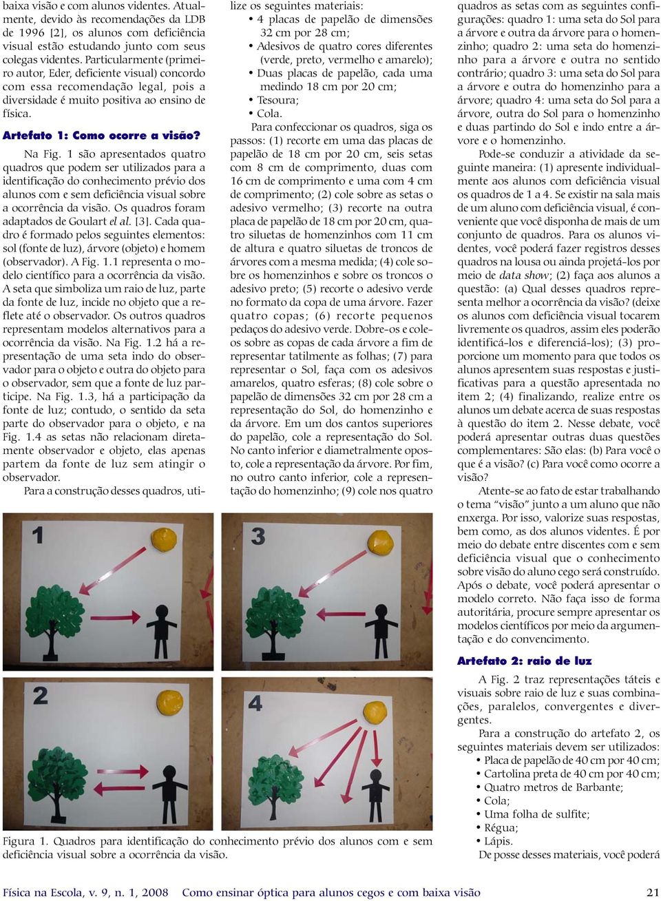 1 são apresentados quatro quadros que podem ser utilizados para a identificação do conhecimento prévio dos alunos com e sem deficiência visual sobre a ocorrência da visão.