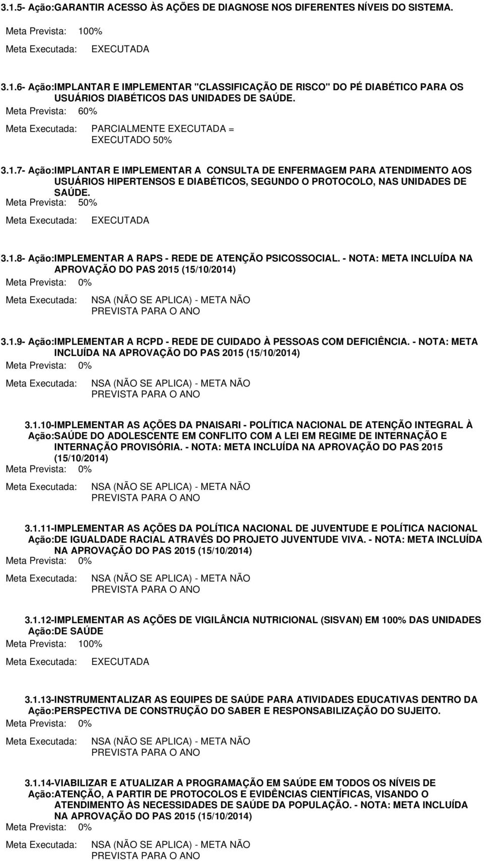 7- IMPLANTAR E IMPLEMENTAR A CONSLTA DE ENFERMAGEM PARA ATENDIMENTO AOS SÁRIOS HIPERTENSOS E DIABÉTICOS, SEGNDO O PROTOCOLO, NAS NIDADES DE SAÚDE. 3.1.