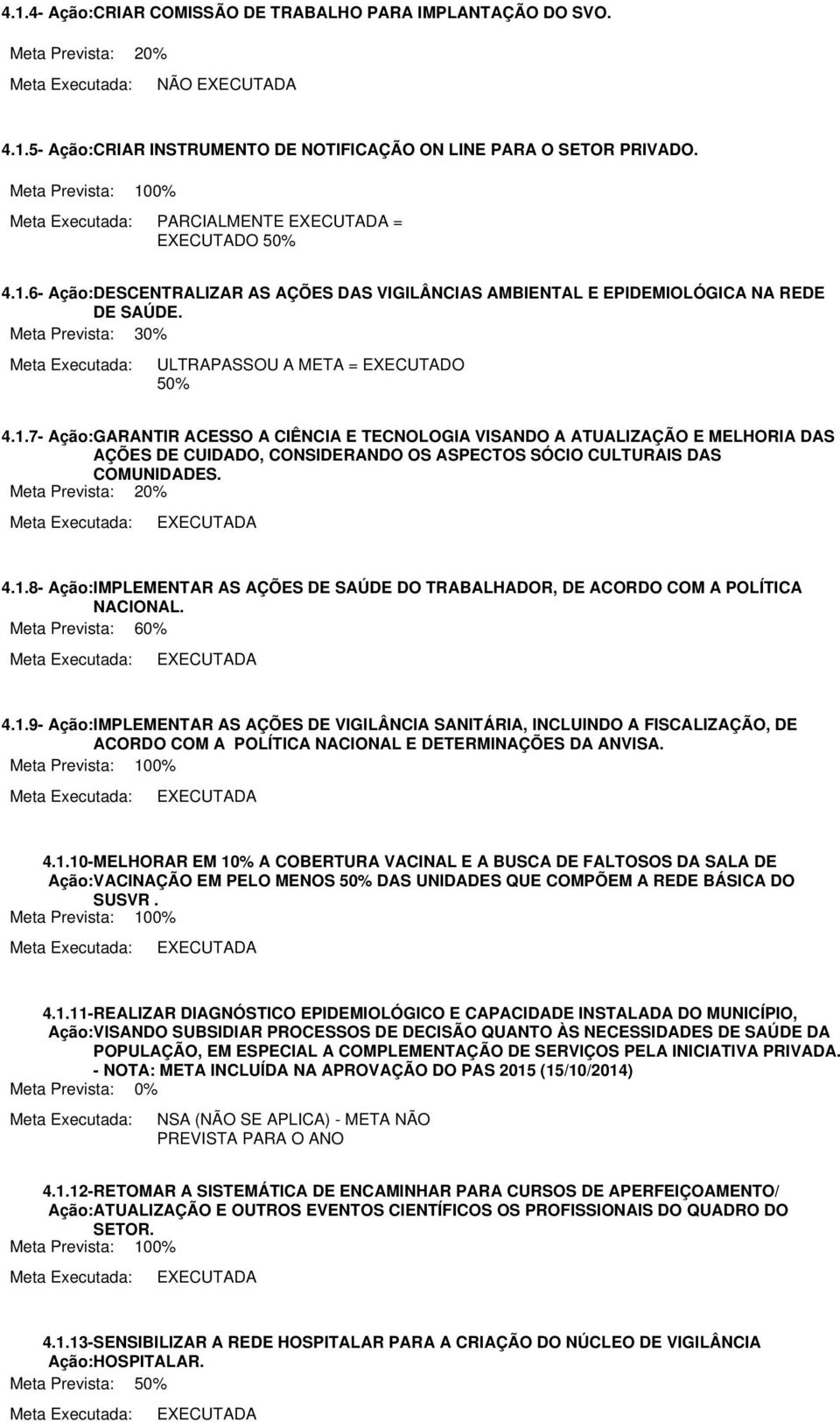 Meta Prevista: 2 4.1.8- IMPLEMENTAR AS AÇÕES DE SAÚDE DO TRABALHADOR, DE ACORDO COM A POLÍTICA NACIONAL. Meta Prevista: 6 4.1.9- IMPLEMENTAR AS AÇÕES DE VIGILÂNCIA SANITÁRIA, INCLINDO A FISCALIZAÇÃO, DE ACORDO COM A POLÍTICA NACIONAL E DETERMINAÇÕES DA ANVISA.