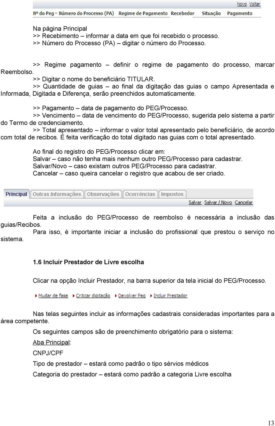 >> Quantidade de guias ao final da digitação das guias o campo Apresentada e Informada, Digitada e Diferença, serão preenchidos automaticamente. >> Pagamento data de pagamento do PEG/Processo.