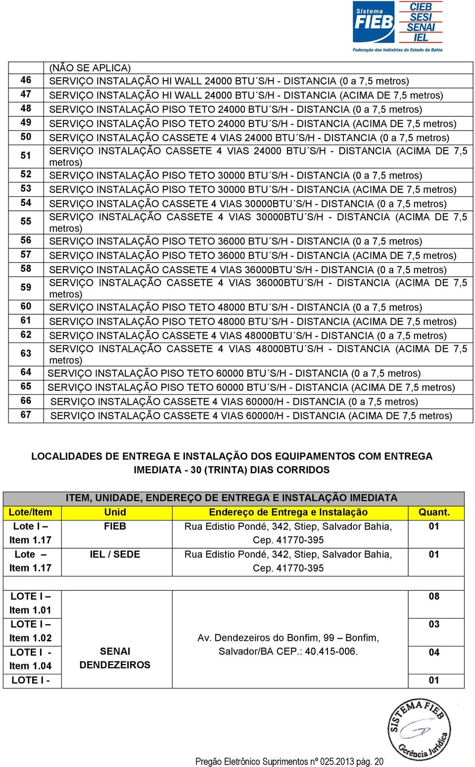 metros) 51 SERVIÇO INSTALAÇÃO CASSETE 4 VIAS 24000 BTU S/H - DISTANCIA (ACIMA DE 7,5 metros) 52 SERVIÇO INSTALAÇÃO PISO TETO 30000 BTU S/H - DISTANCIA (0 a 7,5 metros) 53 SERVIÇO INSTALAÇÃO PISO TETO