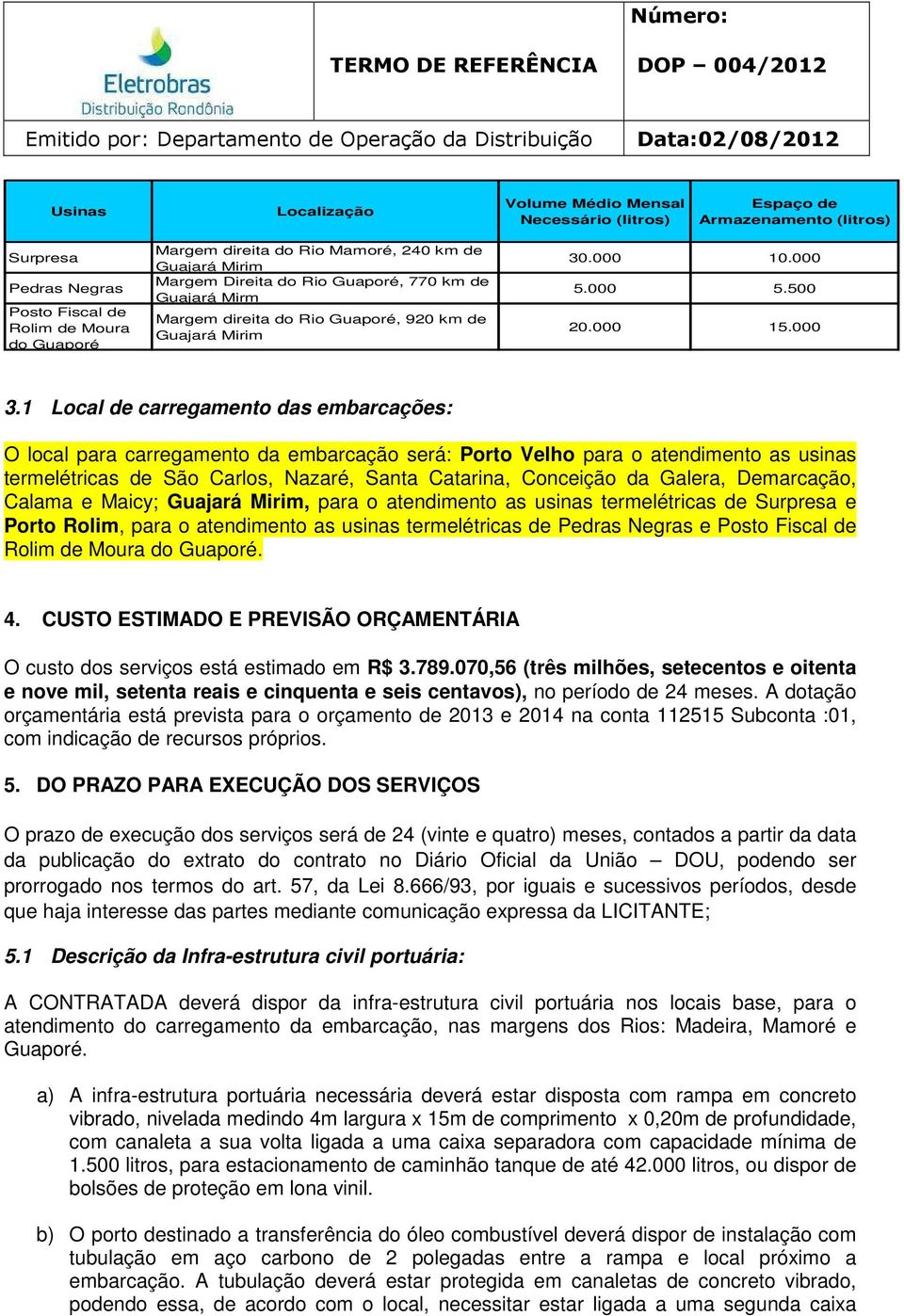 1 Local de carregamento das embarcações: O local para carregamento da embarcação será: para o atendimento as usinas termelétricas de São Carlos, Nazaré, Santa Catarina, Conceição da Galera,