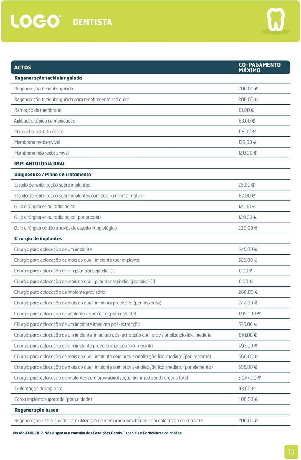 00 Estudo de reabilitação sobre implantes com programa informático 67.00 Guia cirúrgica e/ ou radiológica 121.00 Guia cirúrgica e/ ou radiológica (por arcada) 129.