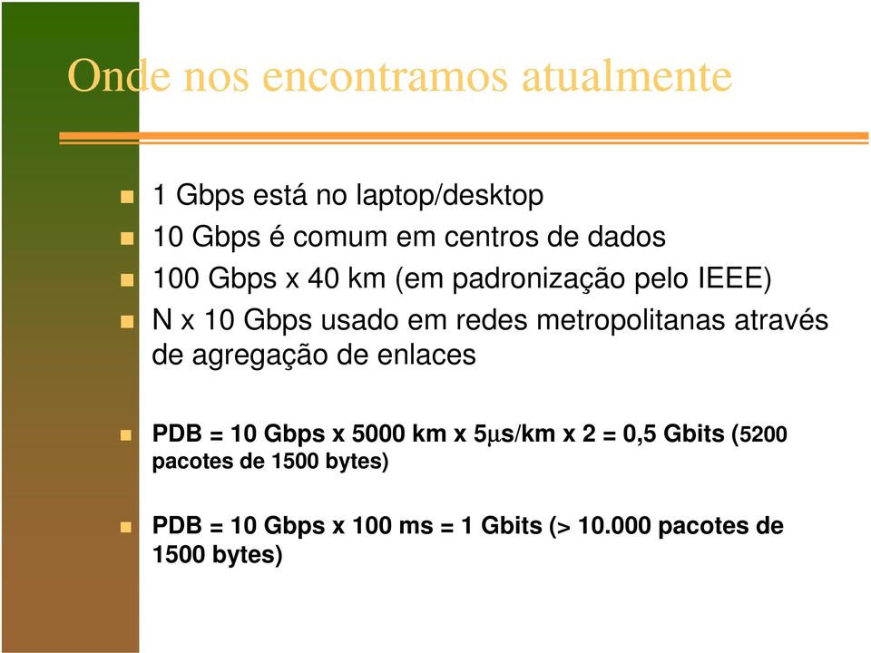 metropolitanas através de agregação de enlaces PDB = 10 Gbps x 5000 km x 5µs/km x 2 = 0,5