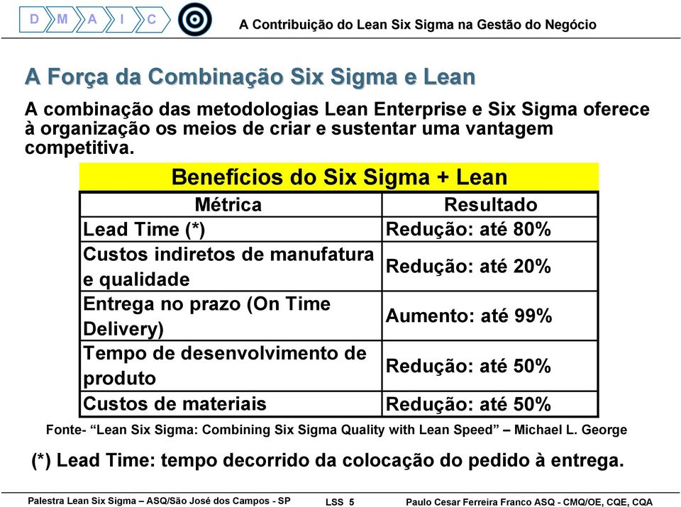 Benefícios do Six Sigma + Lean Métrica Resultado Lead Time (*) Redução: até 80% Custos indiretos de manufatura Redução: até 20% e qualidade Entrega no
