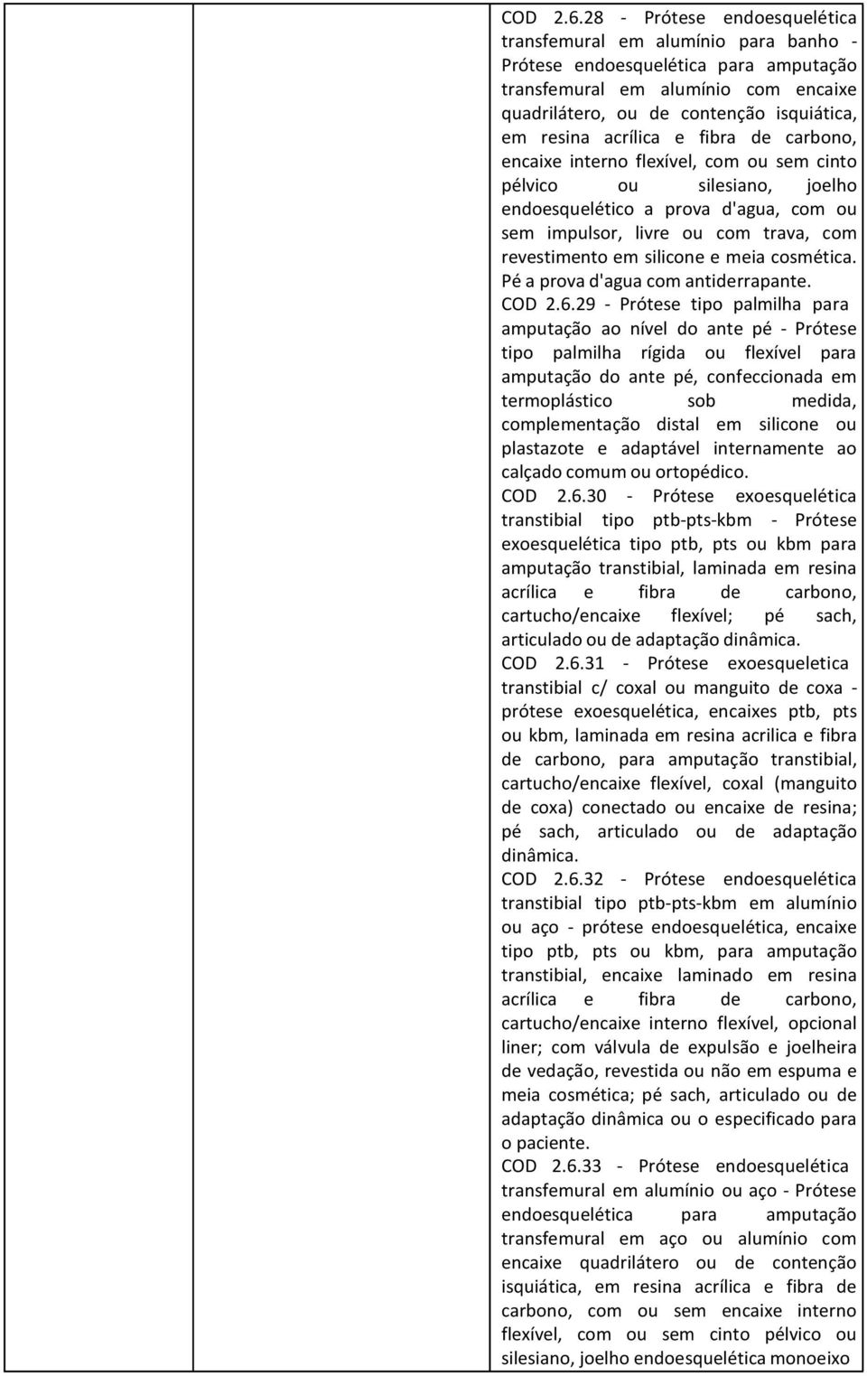 acrílica e fibra de carbono, encaixe interno flexível, com ou sem cinto pélvico ou silesiano, joelho endoesquelético a prova d'agua, com ou sem impulsor, livre ou com trava, com revestimento em