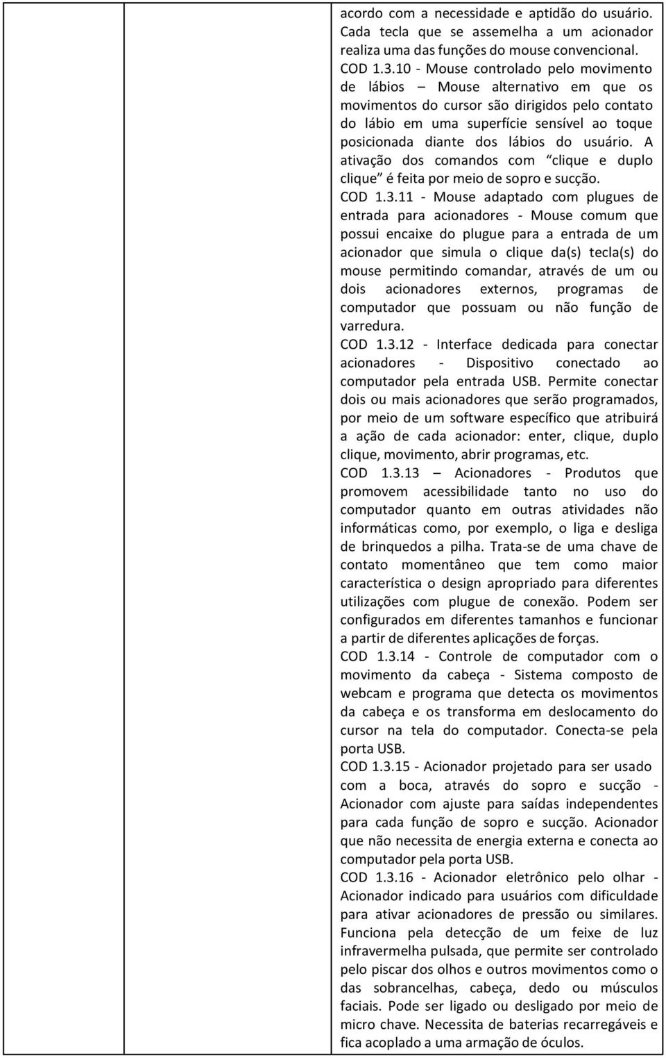 do usuário. A ativação dos comandos com clique e duplo clique é feita por meio de sopro e sucção. COD 1.3.