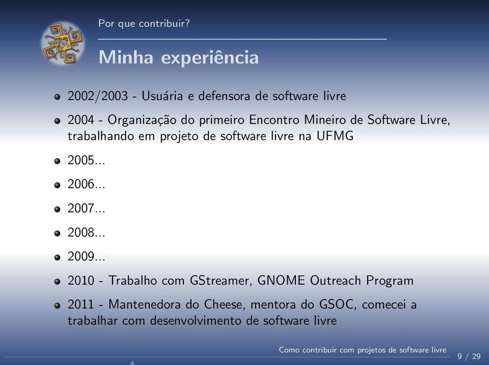 Encontro Mineiro de Software Livre, trabalhando em projeto de software livre na UFMG 2005... 2006.