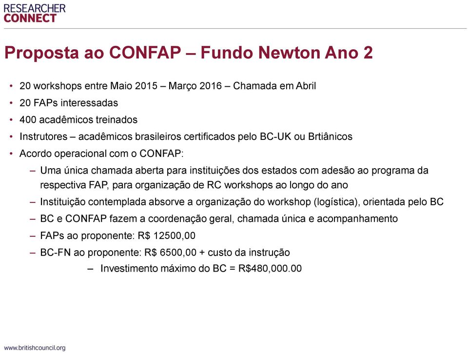 respectiva FAP, para organização de RC workshops ao longo do ano Instituição contemplada absorve a organização do workshop (logística), orientada pelo BC BC e CONFAP