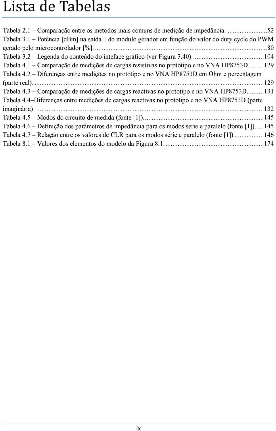 ... 14 Tabela 4.1 Comparação de medições de cargas resistivas no protótipo e no VNA HP8753D.... 129 Tabela 4.