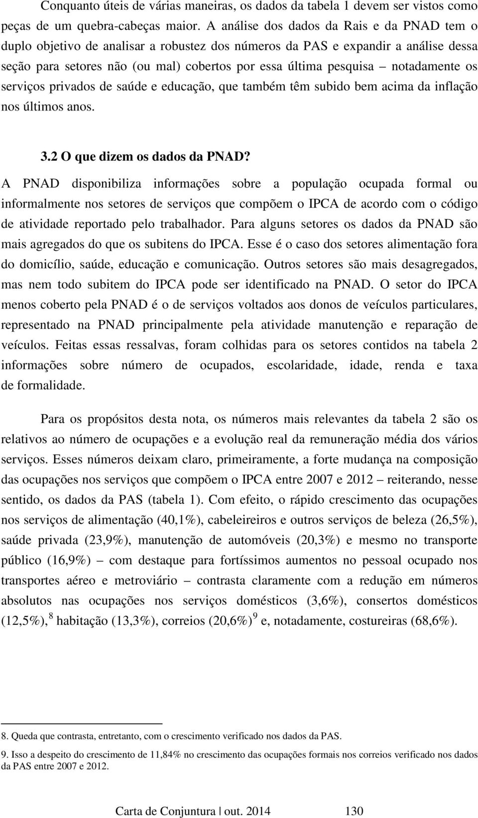 notadamente os serviços privados de saúde e educação, que também têm subido bem acima da inflação nos últimos anos. 3.2 O que dizem os dados da PNAD?