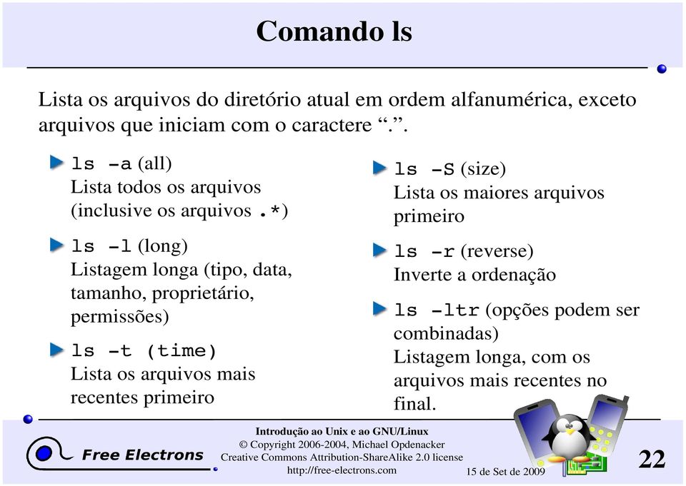 *) ls -l (long) Listagem longa (tipo, data, tamanho, proprietário, permissões) ls -t (time) Lista os arquivos mais