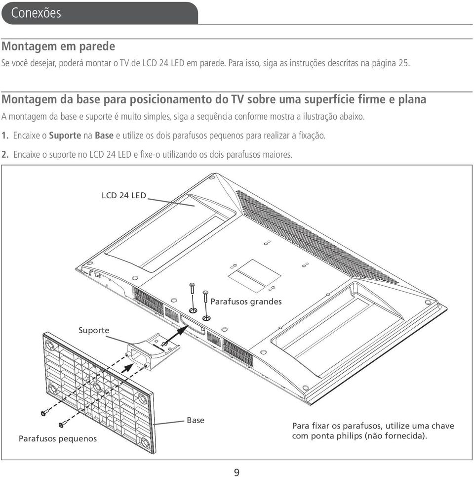 ilustração abaixo. 1. Encaixe o Suporte na Base e utilize os dois parafusos pequenos para realizar a fixação. 2.