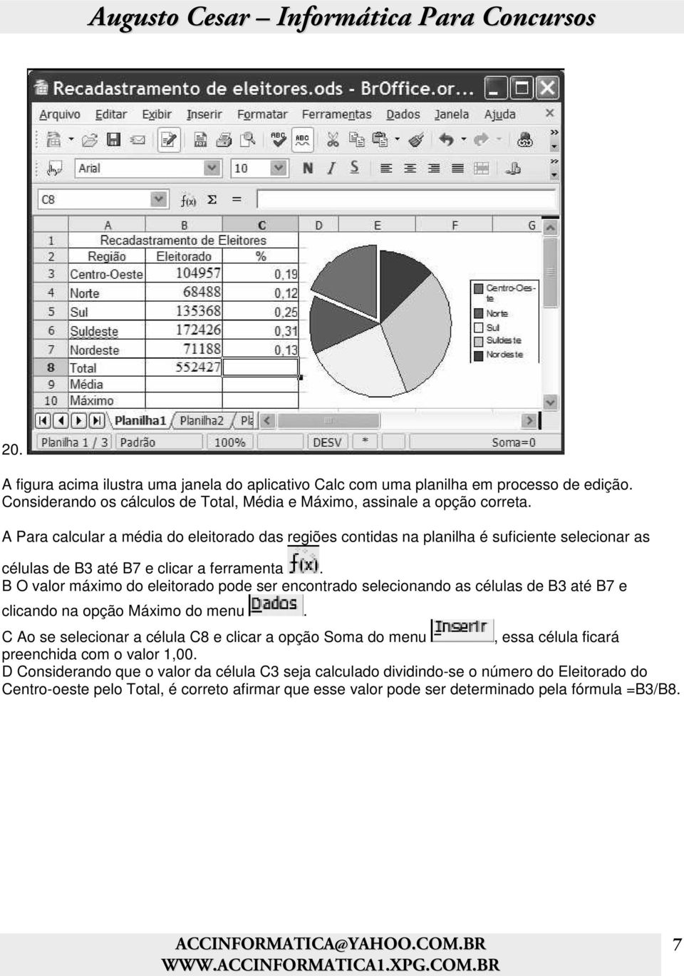 B O valor máximo do eleitorado pode ser encontrado selecionando as células de B3 até B7 e clicando na opção Máximo do menu.