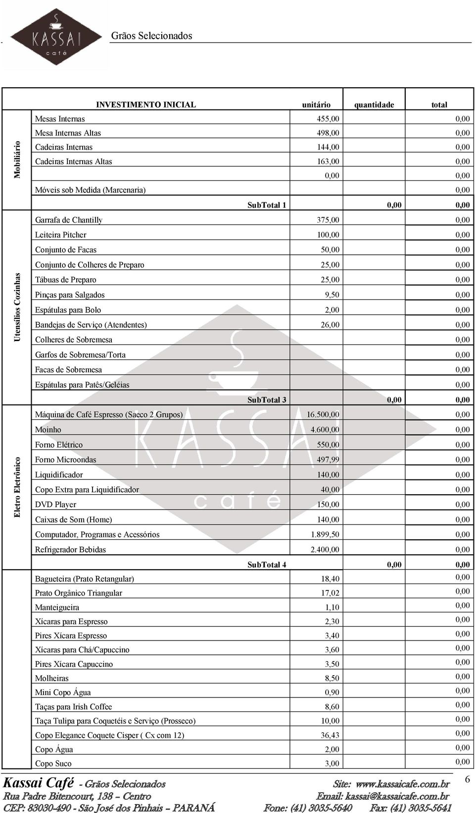 Colheres de Preparo 25,00 0,00 Tábuas de Preparo 25,00 0,00 Pinças para Salgados 9,50 0,00 Espátulas para Bolo 2,00 0,00 Bandejas de Serviço (Atendentes) 26,00 0,00 Colheres de Sobremesa 0,00 Garfos