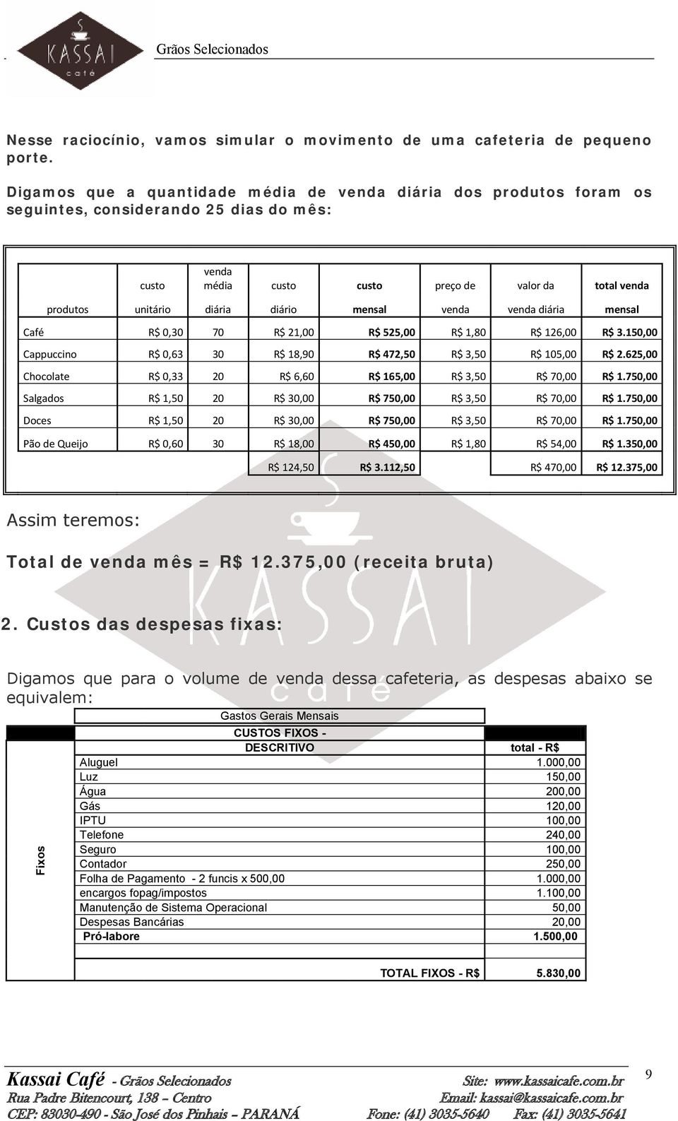 diário mensal venda venda diária mensal Café R$ 0,30 70 R$ 21,00 R$ 525,00 R$ 1,80 R$ 126,00 R$ 3.150,00 Cappuccino R$ 0,63 30 R$ 18,90 R$ 472,50 R$ 3,50 R$ 105,00 R$ 2.