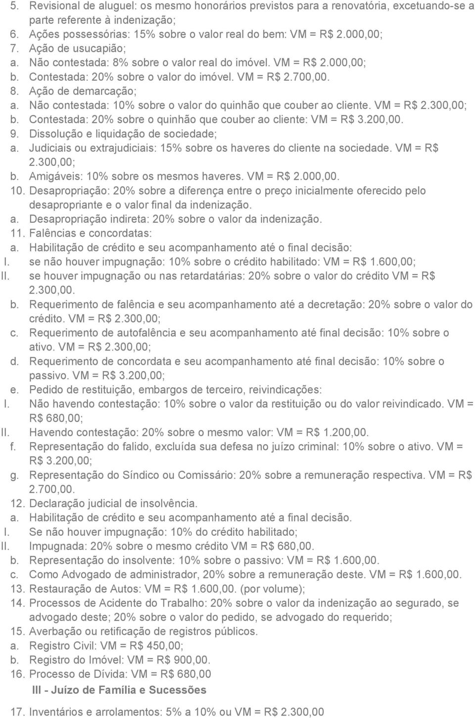 Não contestada: 10% sobre o valor do quinhão que couber ao cliente. VM = R$ 2.300,00; b. Contestada: 20% sobre o quinhão que couber ao cliente: VM = R$ 3.200,00. 9.