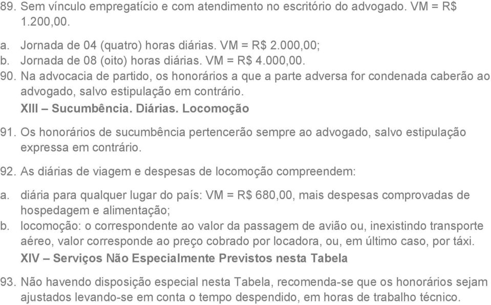 Os honorários de sucumbência pertencerão sempre ao advogado, salvo estipulação expressa em contrário. 92. As diárias de viagem e despesas de locomoção compreendem: a.