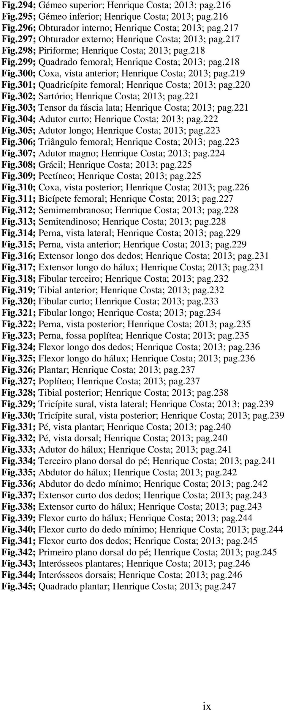 219 Fig.301; Quadricípite femoral; Henrique Costa; 2013; pag.220 Fig.302; Sartório; Henrique Costa; 2013; pag.221 Fig.303; Tensor da fáscia lata; Henrique Costa; 2013; pag.221 Fig.304; Adutor curto; Henrique Costa; 2013; pag.