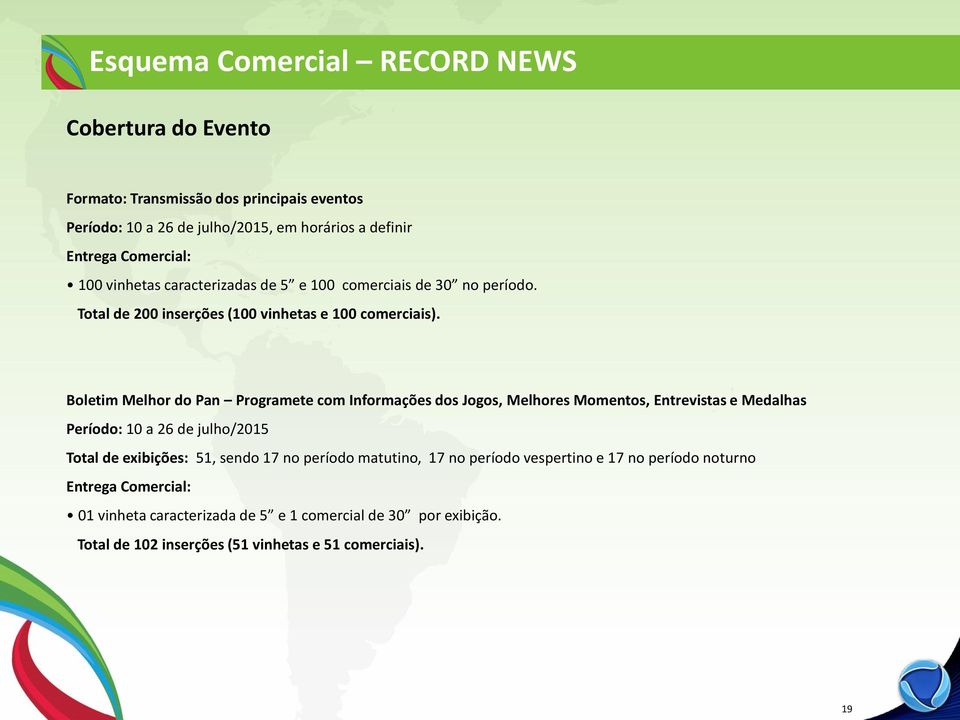 Boletim Melhor do Pan Programete com Informações dos Jogos, Melhores Momentos, Entrevistas e Medalhas Período: 10 a 26 de julho/2015 Total de exibições: 51, sendo 17