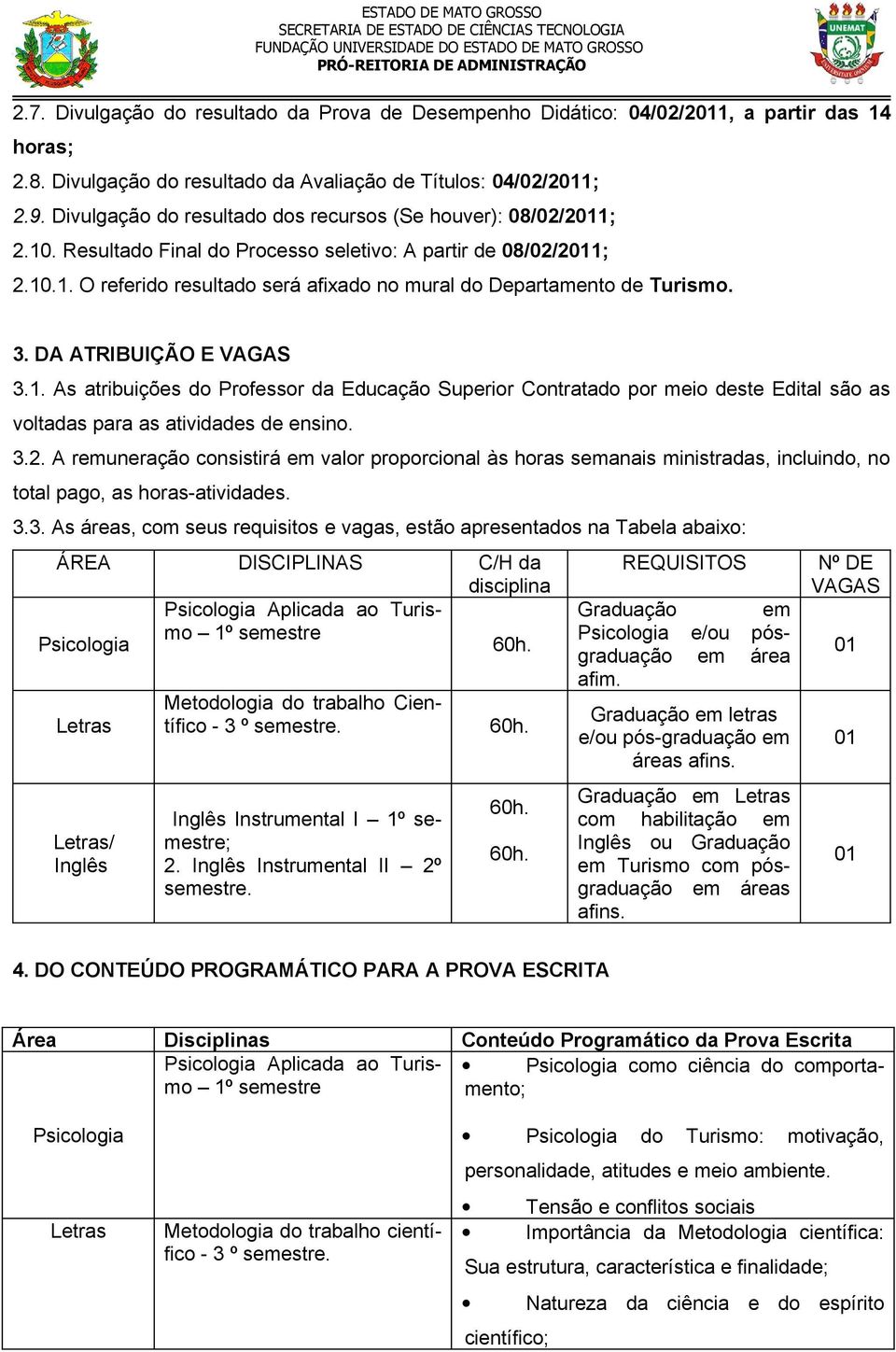 3. DA ATRIBUIÇÃO E VAGAS 3.1. As atribuições do Professor da Educação Superior Contratado por meio deste Edital são as voltadas para as atividades de ensino. 3.2.