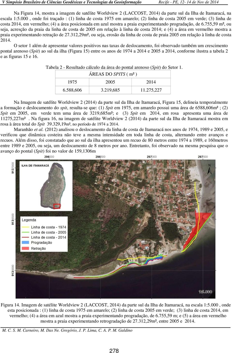 progradação, de 6.755,59 m², ou seja, acresção da praia da linha de costa de 2005 em relação à linha de costa 2014; e (4) a área em vermelho mostra a praia experimentando retração de 27.