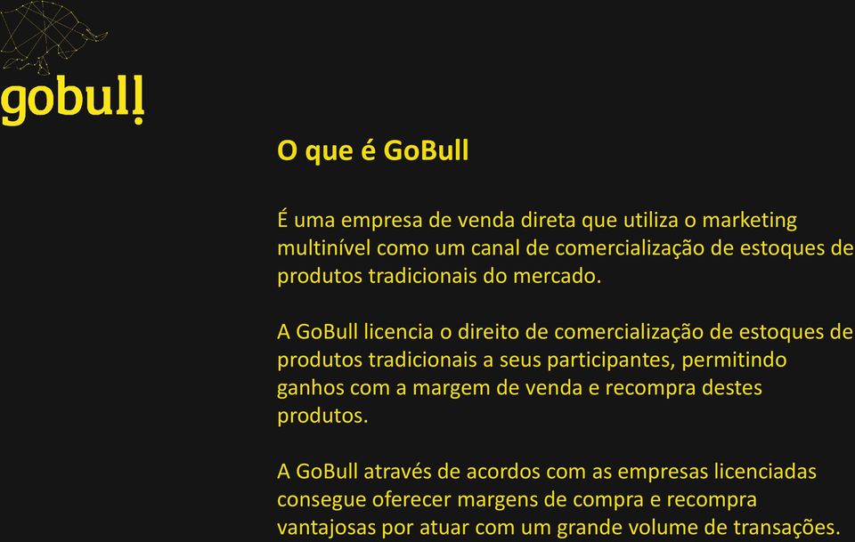 A GoBull licencia o direito de comercialização de estoques de produtos tradicionais a seus participantes, permitindo ganhos