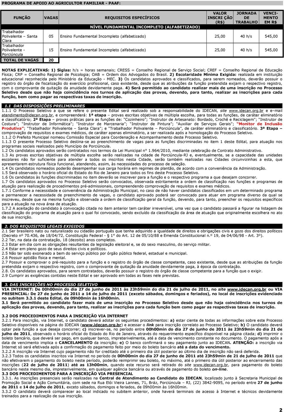 (alfabetizado) 25,00 40 h/s 545,00 NOTAS EXPLICATIVAS: 1) Siglas: h/s = horas semanais; CRESS = Conselho Regional de Serviço Social; CREF = Conselho Regional de Educação Física; CRP = Conselho