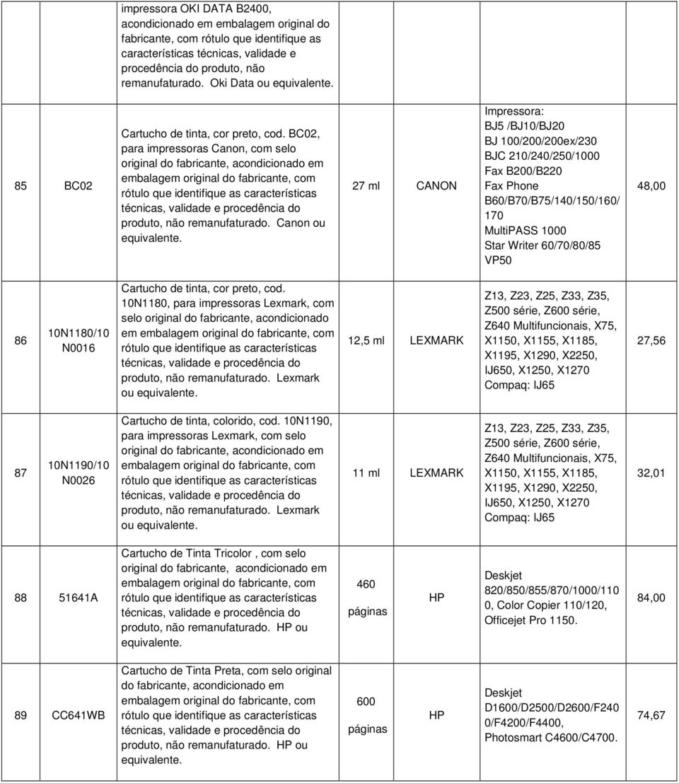 Canon ou 27 ml CANON Impressora: BJ5 /BJ10/BJ20 BJ 100/200/200ex/230 BJC 210/240/250/1000 Fax B200/B220 Fax Phone B60/B70/B75/140/150/160/ 170 MultiPASS 1000 Star Writer 60/70/80/85 VP50 48,00 86