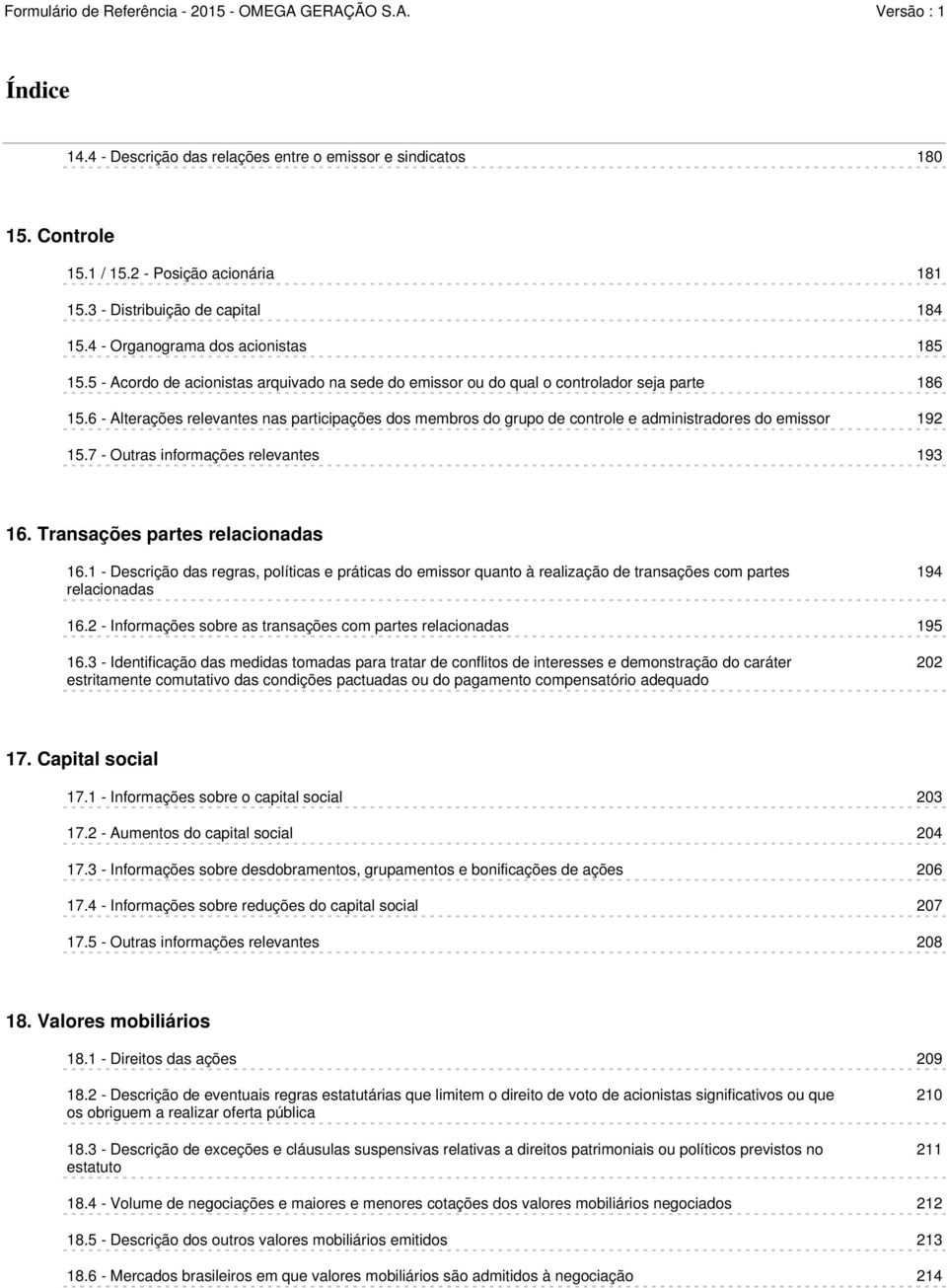 6 - Alterações relevantes nas participações dos membros do grupo de controle e administradores do emissor 192 15.7 - Outras informações relevantes 193 16. Transações partes relacionadas 16.