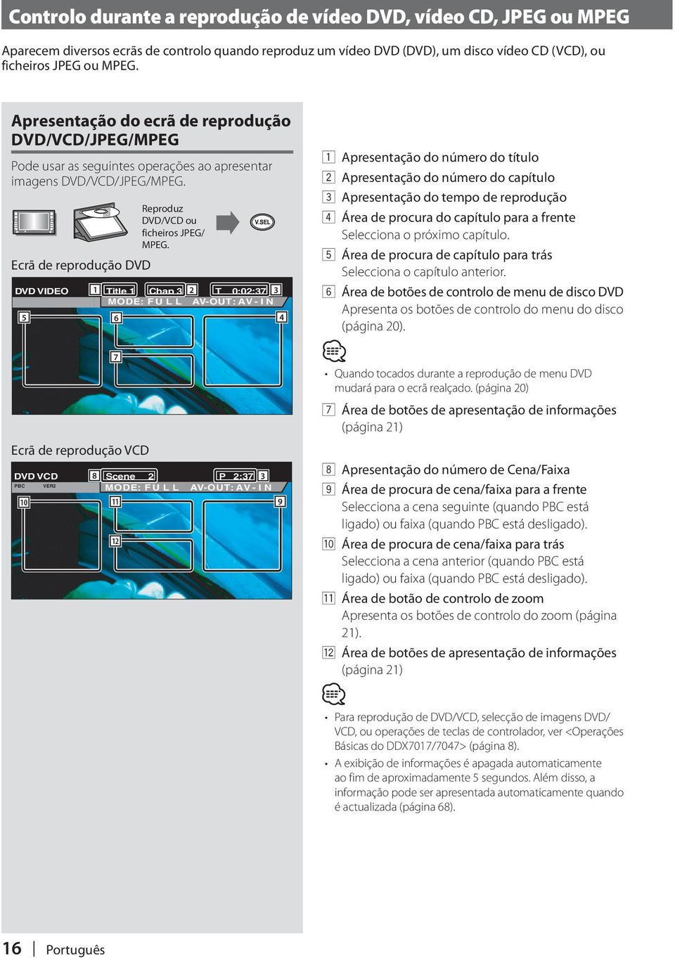 Ecrã de reprodução DVD DVD VIDEO Title Chap 3 T 0:0:37 3 MODE: FU L L AV-OUT: AV-IN 5 6 Ecrã de reprodução VCD 7 DVD VCD 8 Scene P :37 3 PBC VER MODE: FU AV-OUT: AV - I N L L 0 4 9 Apresentação do