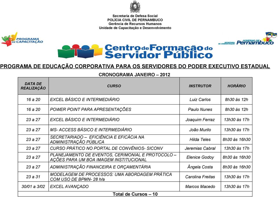 às 17h 23 a 27 SECRETARIADO EFICIÊNCIA E EFICÁCIA NA ADMINISTRAÇÃO PÚBLICA Hilda Teles 8h30 às 16h30 23 a 27 CURSO PRÁTICO NO PORTAL DE CONVÊNIOS- SICONV Jeremias Cabral 13h30 às 17h 23 a 27