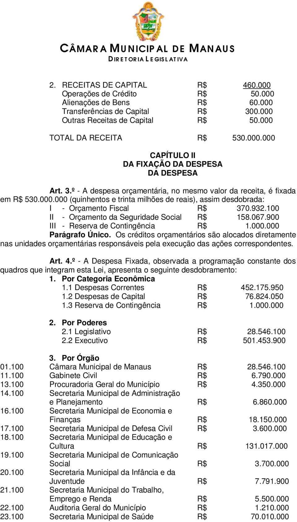 100 II - Orçamento da Seguridade Social R$ 158.067.900 III - Reserva de Contingência R$ 1.000.000 Parágrafo Único.