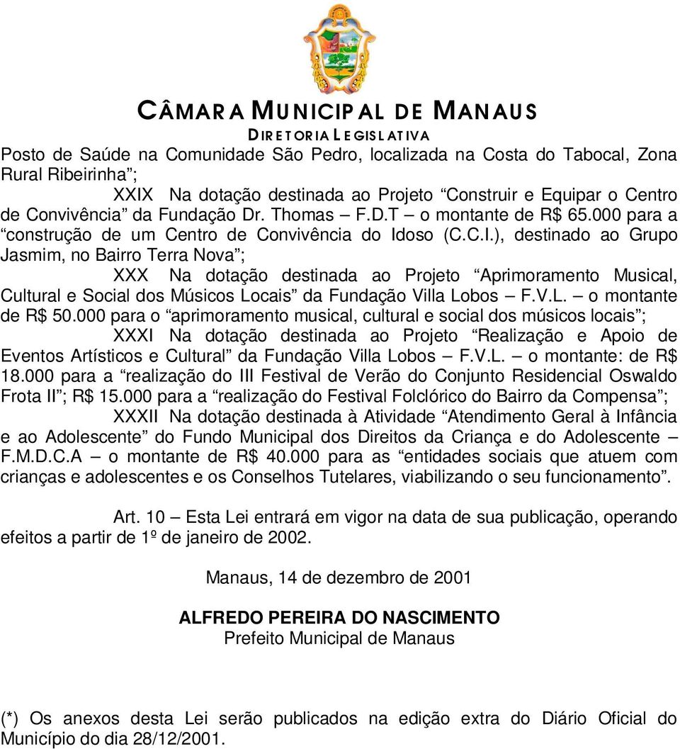 oso (C.C.I.), destinado ao Grupo Jasmim, no Bairro Terra Nova ; XXX Na dotação destinada ao Projeto Aprimoramento Musical, Cultural e Social dos Músicos Locais da Fundação Villa Lobos F.V.L. o montante de R$ 50.