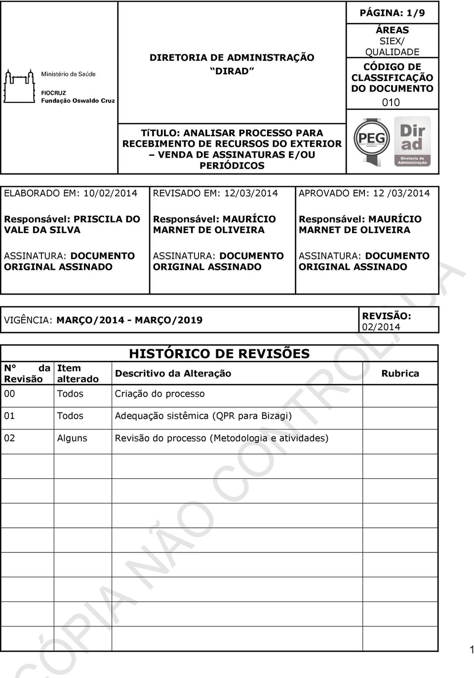 DE OLIVEIRA ASSINATURA: DOCUMENTO ORIGINAL ASSINADO ASSINATURA: DOCUMENTO ORIGINAL ASSINADO ASSINATURA: DOCUMENTO ORIGINAL ASSINADO VIGÊNCIA: MARÇO/2014 - MARÇO/2019 N da Revisão Item alterado