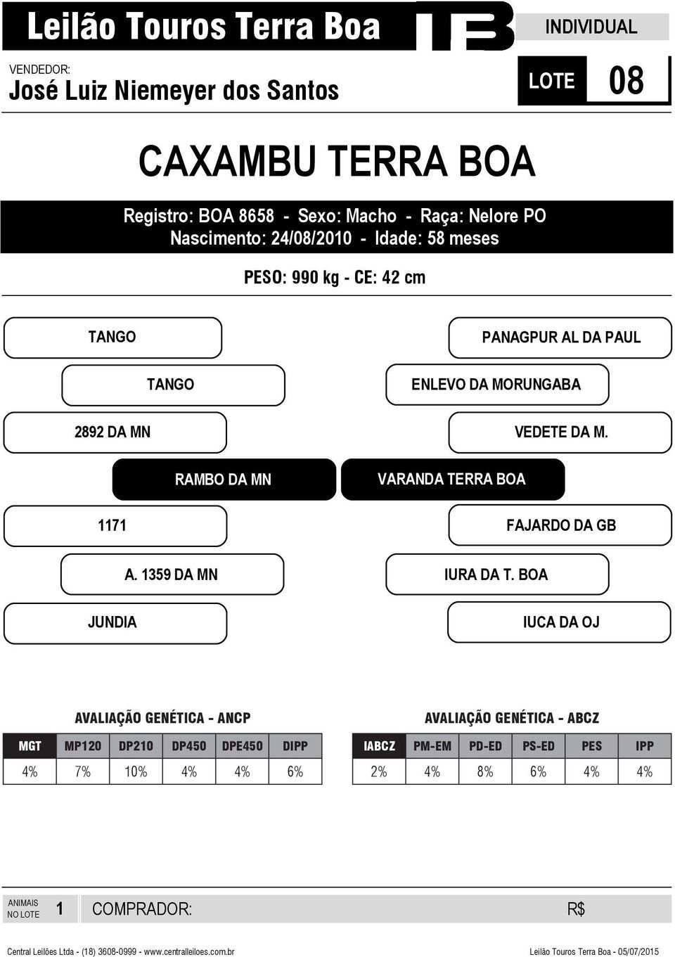 TANGO ENLEVO DA MORUNGABA 2892 DA MN 7 RAMBO DA MN VARANDA TERRA BOA VEDETE DA M. FAJARDO DA GB A.